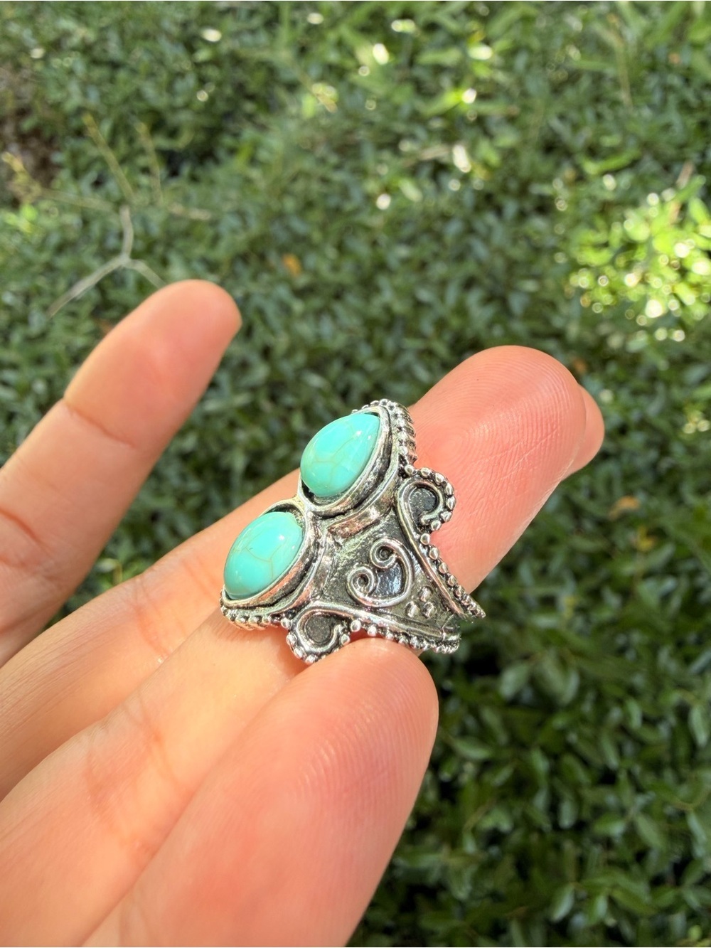 Turquoise Double-Stone Silver Statement Ring SIZE: 6 - Picture 3 of 8
